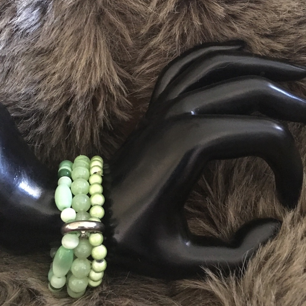 Three green tone glass bead bracelet bundle
